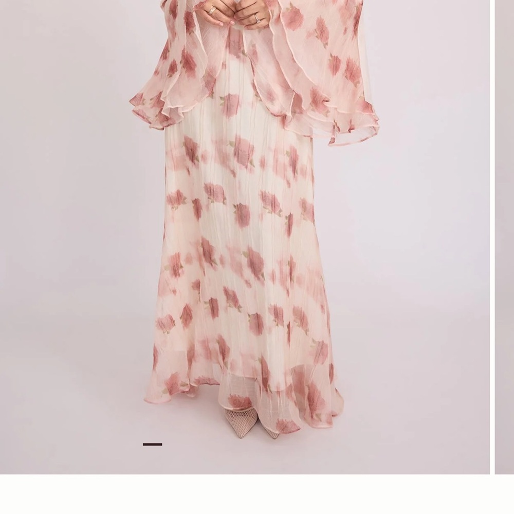 Chiffon Pink Floral Long Sleeve Pleated Maxi Dress